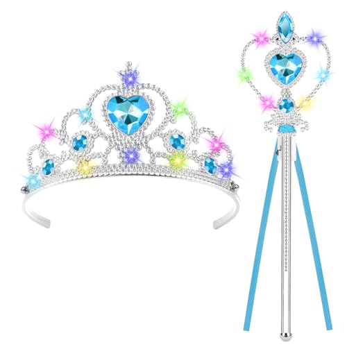 AOOTE Leuchtend Prinzessin Verkleiden,Mädchen Dress up Zubehör mit LED Krone und Zauberstab,Eiskönigin Dress Up Accessoires,Prinzessin Kostüme Zubehör für Party, Cosplay,Fasching Party (Blau) von AOOTE