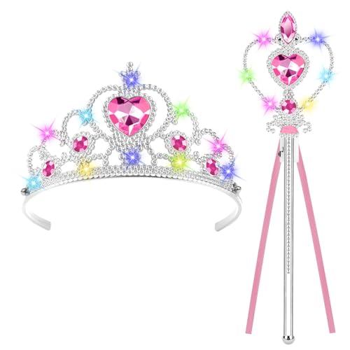 AOOTE Leuchtend Prinzessin Verkleiden,Mädchen Dress up Zubehör mit LED Krone und Zauberstab,Eiskönigin Dress Up Accessoires,Prinzessin Kostüme Zubehör für Party, Cosplay,Fasching Party (Rosa) von AOOTE