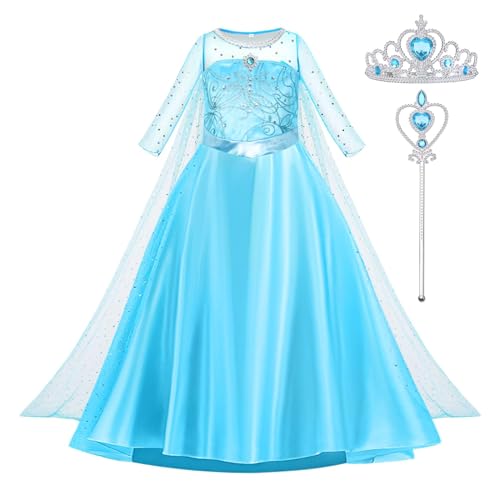 AOOWU Kostüm Mädchen, 3-teiliges Set Prinzessin Kleid Kinder mit Krone Zauberstab, Dress Kostüm für Karneval Halloween Weihnachten Verkleidung Party （130cm） von AOOWU