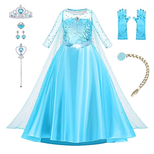 AOOWU ELSA Kostüm Mädchen, 9-teiliges Set Kleid Kinder mit Krone Handschuhe Zauberstab, Prinzessin Kostüm Cosplay für Karneval Halloween Verkleidung Party (110cm) von AOOWU