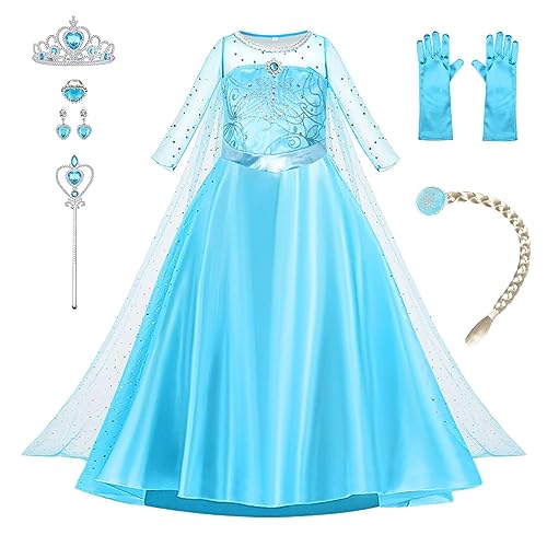 AOOWU ELSA Kostüm Mädchen, 9-teiliges Set ELSA Kleid Kinder mit Krone Handschuhe Zauberstab, Prinzessin Kostüm Cosplay für Karneval Halloween Verkleidung Party （120cm） von AOOWU