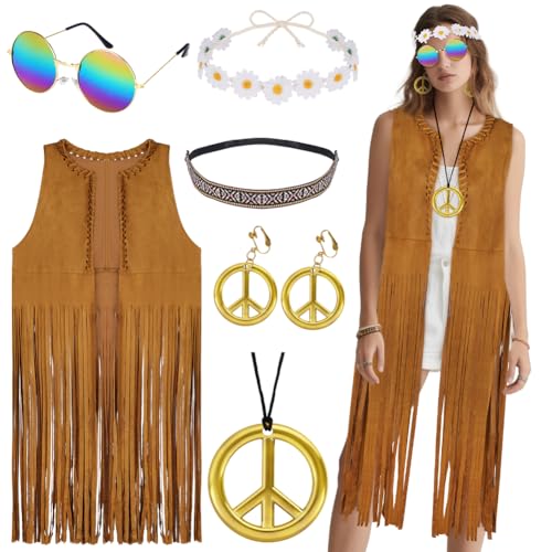 AOOWU Hippie Kostüm Damen Set, 6pc Cowgirl Western Outfit mit Quastenweste, Ohrringe, Brille, Friedenskette, Armband, Stirnband, Hippie Kleidung 60er 70er Jahre Bekleidung Karneval Kostüm Disco Outfit AOOWU Hippie Kostüm Damen Set, 6pc Cowgirl Western Outfit mit Quastenweste, Ohrringe, Brille, Friedenskette, Armband, Stirnband, Hippie Kleidung 60er 70er Jahre Bekleidung Karneval Kostüm Disco Outfit von AOOWU