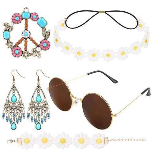 AOOWU Hippie Kostüm Set, Hippie Clothing Women's Accessories 5 pcs with Sunglasses, headbands, bracelets, Peace Ne-ck-lace and Earring, 60s 70s Hippie Accessories for Carnival,Fancy Dress, Theme Party AOOWU Hippie Kostüm Set, Hippie Clothing Women's Accessories 5 pcs with Sunglasses, headbands, bracelets, Peace Ne-ck-lace and Earring, 60s 70s Hippie Accessories for Carnival,Fancy Dress, Theme Party von AOOWU