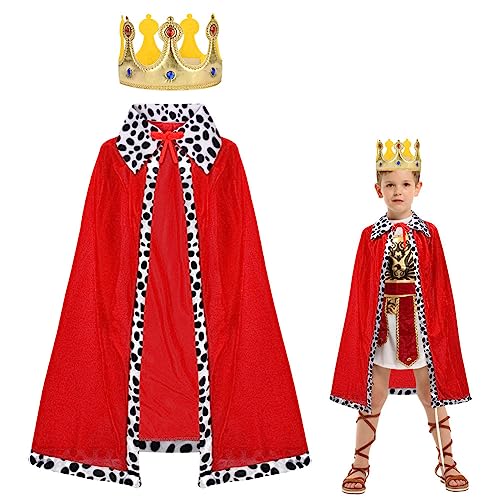 AOOWU Mittelalter Umhang Kapuzenumhang, König Kostüm für Kinder, König und Königinnen Kostüm für Halloween Halloween Weihnachten Karneval Kostüm, Rot Umhang(A) von AOOWU