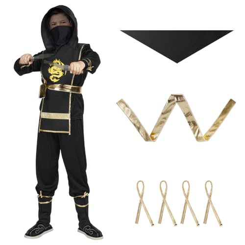 AOOWU Ninjago Kostüm, Ninja Kostüm Kinder mit Ninja Doppelschwert, Goldenes Drache Ninjago Kostüm Kinder Jungen für Themenpartys Halloween Kostüm Verkleiden Ninja Rollenspiel(M) von AOOWU