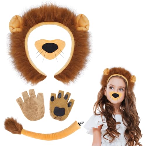 AOOWU Löwe Stirnband Schwanz Set, 5-teiliges Löwen-Kostüm-Zubehör-Set mit Plüsch-Stirnband, Schwanz, Nase, Handschuhe, Halloween Kostüme Cosplay set Kostüm-Set, Tier-Kostüm-Set für Kinder AOOWU Löwe Stirnband Schwanz Set, 5-teiliges Löwen-Kostüm-Zubehör-Set mit Plüsch-Stirnband, Schwanz, Nase, Handschuhe, Halloween Kostüme Cosplay set Kostüm-Set, Tier-Kostüm-Set für Kinder von AOOWU