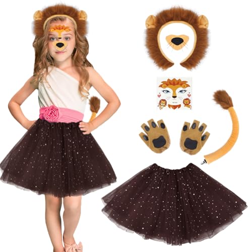 AOOWU Löwe Stirnband Schwanz Set, 7-teiliges Löwen-Kostüm-Zubehör-Set mit Plüsch-Stirnband, Schwanz, Nase, Handschuhe, Fuchs Tattoos, Tüllrock, Halloween Kostüme Cosplay set, TierKostüm für Kinder AOOWU Löwe Stirnband Schwanz Set, 7-teiliges Löwen-Kostüm-Zubehör-Set mit Plüsch-Stirnband, Schwanz, Nase, Handschuhe, Fuchs Tattoos, Tüllrock, Halloween Kostüme Cosplay set, TierKostüm für Kinder von AOOWU