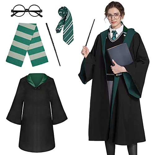 AOOWU Magier Robe, 5-teiliges Zauberer Robe für Erwachsene, Green Magier Umhang Outfit Set mit Zauberstab Krawatte Brille Schal, Zauberer Kostüm für Halloween Cosplay Karneval Verkleidung Party (XL) von AOOWU