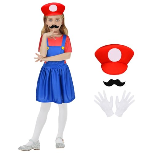 AOOWU Mario Kostüm Kinder, 4 Pcs Mario und Luigi Kostüm Cosplay mit Mütze Bart Handschuhe für Mädchen, Mario Bodysuit Cosplay für Karneval Halloween Weihnachten Faschingskostüme (Rot-M) von AOOWU