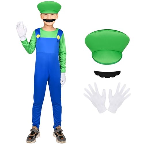 AOOWU Mario Kostüm Luigi Kostüm Set, 4-teiliges Set Mario Luigi Bodysuit Kostüm Kinder, Cosplay Outfit Jungen Mädchen mit Mütze Handschuhe Bart für Halloween Weihnachten Verkleidung (Grün, M) von AOOWU