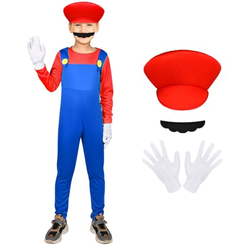 AOOWU Mario Kostüm Luigi Kostüm Set, 4-teiliges Set Mario Luigi Bodysuit Kostüm Kinder, Cosplay Outfit Jungen Mädchen mit Mütze Handschuhe Bart für Halloween Weihnachten Verkleidung (Rot, M) von AOOWU