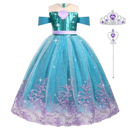 AOOWU Meerjungfrau Kostüm Mädchen, 3-Teiliges Prinzessin Kostüm Mädchen mit Kronen Zauberstab, Kostüm Meerjungfrau Kinder, Prinzessin Kleid für Karneval Faschingskostüme Halloween Cosplay Party(130cm) von AOOWU