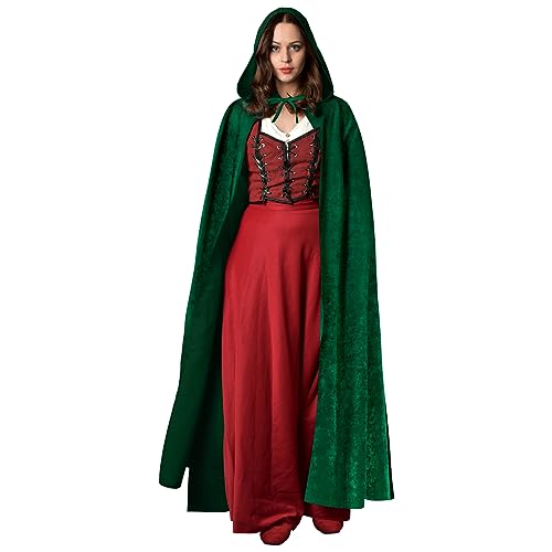 AOOWU Mittelalter Umhang Kapuzenumhang, Herren Damen Halloween Umhang mit Kapuze, Dunkelgrün Umhang, Umhang kostüm Cape Satin Erwachsene, Umhang Kostüm Mantel Halloween Weihnachten Karneval Kostüm von AOOWU