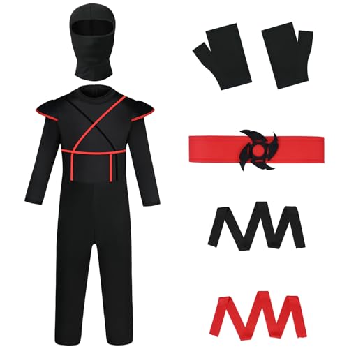 AOOWU Ninja Kostüm Kinder，Ninja Cosplay Set mit Handschuhen ，Jungen Mädchen Ninja Anzug Kinder，Karneval Kostüm Kinder，Halloween Verkleidung Karneval Party Cosplay(L) von AOOWU