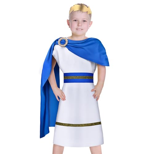 AOOWU Römer Kostüm Kinder, 4Pcs Kinder Römischer Junge Kostüm mit Gürtel und Kopfbedeckung, Griechische Kostüme Kinder für Halloween Karneval Fasching Oder Themen Party Cosplay, Blau-L von AOOWU