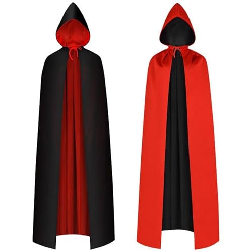 AOOWU Schwarzer Umhang, Vampir Umhang mit Kapuze Erwachsene, Umhang kostüm Cape Satin Herren Damen, Mantel für Halloween Weihnachten Karneval Kostüm(beidseitig) von AOOWU