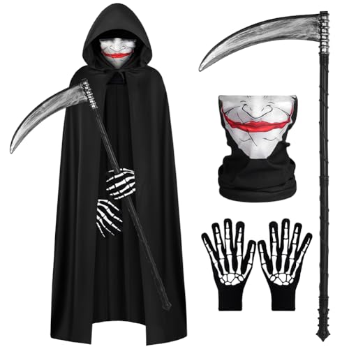 AOOWU Sensenmann Kostüm Herren Damen, Halloween Sensenmann Kostüm Erwachsene mit Todessense Handschuhe Schädelmaske, Umhang Schwarz Set für Halloween, Karneval, Cosplay AOOWU Sensenmann Kostüm Herren Damen, Halloween Sensenmann Kostüm Erwachsene mit Todessense Handschuhe Schädelmaske, Umhang Schwarz Set für Halloween, Karneval, Cosplay von AOOWU