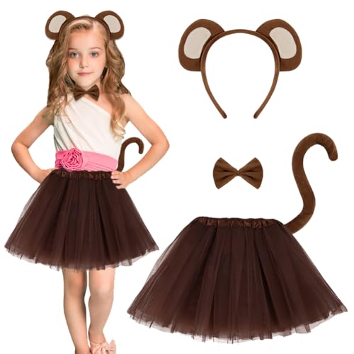 AOOWU Tier-Kostüm-Set für Kinder, 4 teiliges Langschwanzaffe-Kostüm-Zubehör Set mit Plüsch-Stirnband, Schwanz, Fliege, Tüllrock,Halloween Kostüme Cosplay Set für Fasching,Cosplay,Halloween, Bühnenshow AOOWU Tier-Kostüm-Set für Kinder, 4 teiliges Langschwanzaffe-Kostüm-Zubehör Set mit Plüsch-Stirnband, Schwanz, Fliege, Tüllrock,Halloween Kostüme Cosplay Set für Fasching,Cosplay,Halloween, Bühnenshow von AOOWU