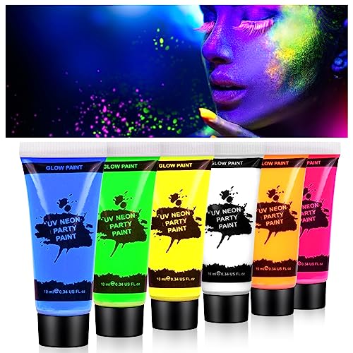 AOOWU UV Bodypainting, 6 Farben Kinderschminke Schminkfarben Schwarzlicht Set, Gesichtsfarbe und Körperfarbe Schminke, UV Farbe Schminke für Karneval Make-up Fasching von AOOWU