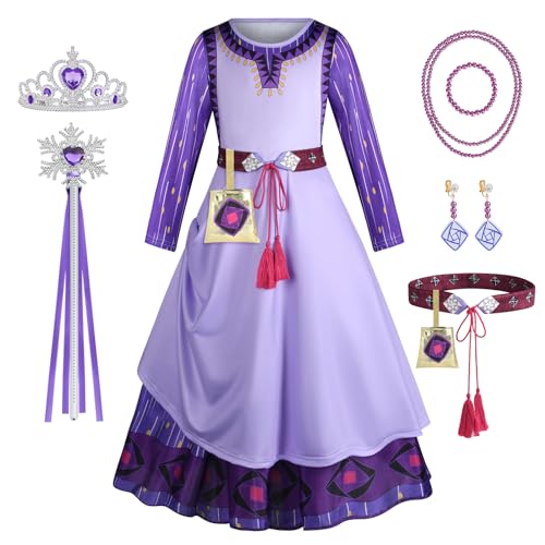 AOOWU Wish Asha Kostüm, Lila Asha Kleid für Kinder Mädchen, Prinzessin Kleid Mädchen mit Krone Ohrringen Halskette Tasche Gürtel, Asha Cosplay Kleider Karneval Halloween Weihnachten Geburtstag(140) von AOOWU