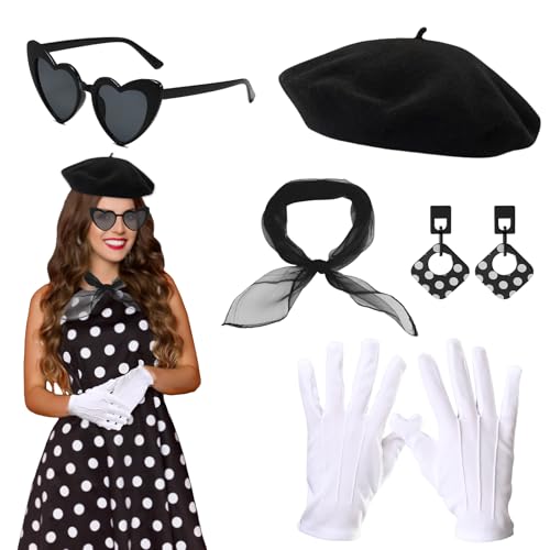 5-teiliges französisches Frauen-Kostüm, 1950er-Jahre Accessoires für Frauen mit schwarzer Baskenmütze, Sonnenbrille, Schal, Handschuhen, Ohrringen, französischer Künstler, Mime-Set für von AOT