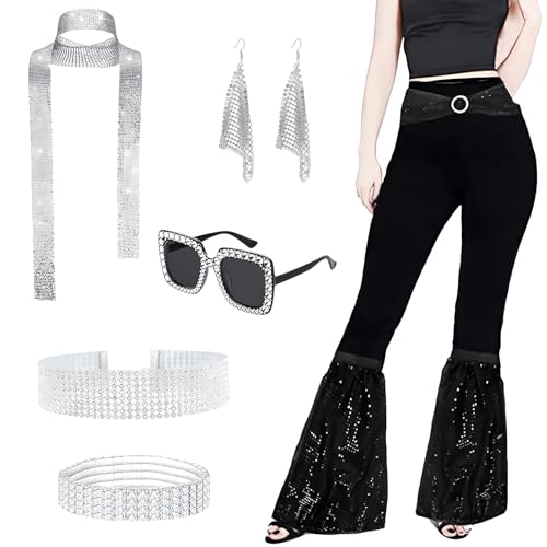 7pcs 70er Jahre Damen Abba Disco Kostüm Set Disco Zubehör Set Disco Fancy Dres mit schwarzen Beinbedeckungen Taillengürtel Sonnenbrille Halsketten Ohrringe und Armbänder für Retro Party von AOT