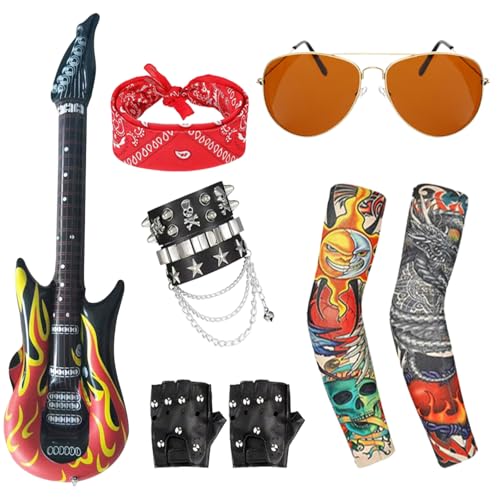 AOT 8-teiliges Rockstar-Schwermetall-Set, Schwermetall-Disco-Kostüm-Zubehör, Punk-Rocker-Kostüm mit aufblasbarem Instrument, Tattoo-Ärmeln, Sonnenbrille, Handschuhen, Bandanas, Armband für von AOT