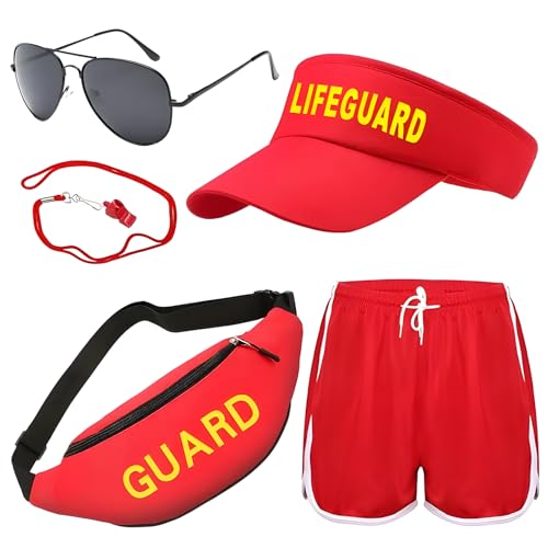 Guard-Kostüm-Zubehör-Set, 5-teiliges Rettungsschwimmer-Zubehör-Set, einschließlich roter Shorts, Pfeife, Hut, Sonnenbrille, verstellbarer Hüfttasche, Pool-Party, Rettungsschwimmer für Erwachsene, von AOT