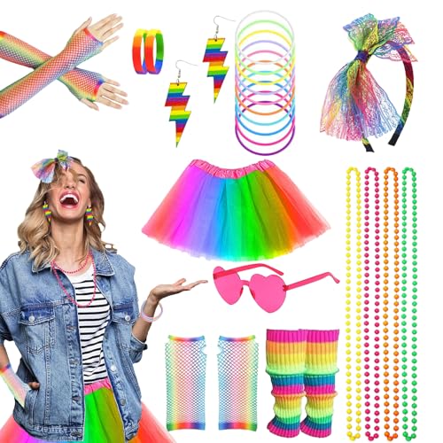 Party-Kostüm-Zubehör-Set, 80er-Jahre-Kostüm für Damen, mit Tutu-Rock, Beinstulpen, Neonarmbändern, Sonnenbrillen, Ohrringen, Fischnetzhandschuhen, Neon-Kleidung für 80er-Jahre-Party-Dekoration von AOT