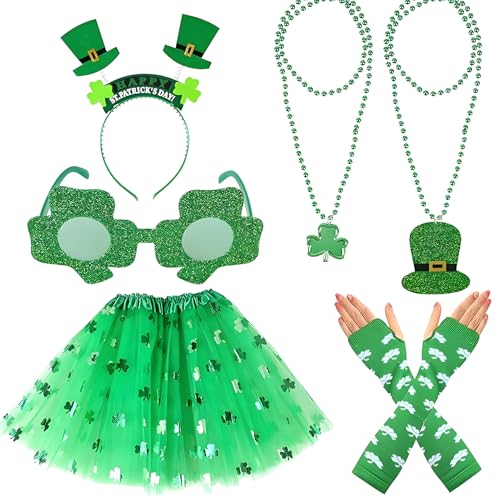 St. Patrick's Day Kostüm-Set, 6-teiliges St. Patrick's Day-Zubehör-Set, Tutu, Ärmel, Brillen-Halskette, Stirnband für Partykleid, Cosplay-Kostüm, St. Patrick's Day, grüne Themenfeier, Maskerade von AOT