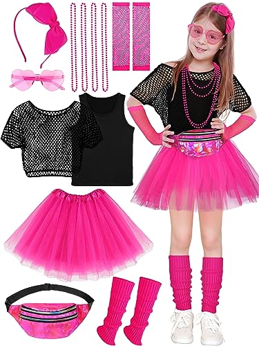 AOTHSO 14-teiliges Mädchen 80er Jahre Outfit Zubehör Set Halloween Mädchen Kostüm für 1980er Jahre Party für Kinder, Hot Pink von AOTHSO