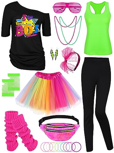 AOTHSO 24 Stücke Halloween Frauen 80er Jahre Kostümzubehör Set 80er Jahre Cosplay T-Shirt Tutu Hose Racerback Top Fanny Pack Handschuhe Beinwärmer für Party von AOTHSO