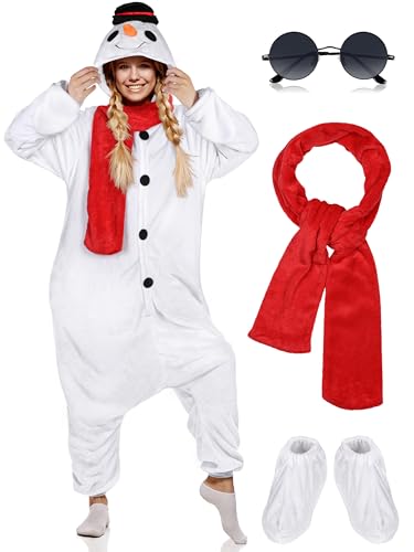 AOTHSO 4 Stück Weihnachten Erwachsene Onesie Schneemann Plüsch Cosplay Kostüm Anzug mit Schal Schuhe Brille für Damen und Herren, Weiss/opulenter Garten, M von AOTHSO