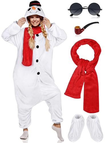 AOTHSO 4 Stücke Weihnachten Erwachsene Onesie Schneemann Plüsch Cosplay Kostüm Anzug mit Schal Schuhe Brille Spielzeug Pfeife für Frauen und Männer, Weiss/opulenter Garten, L von AOTHSO