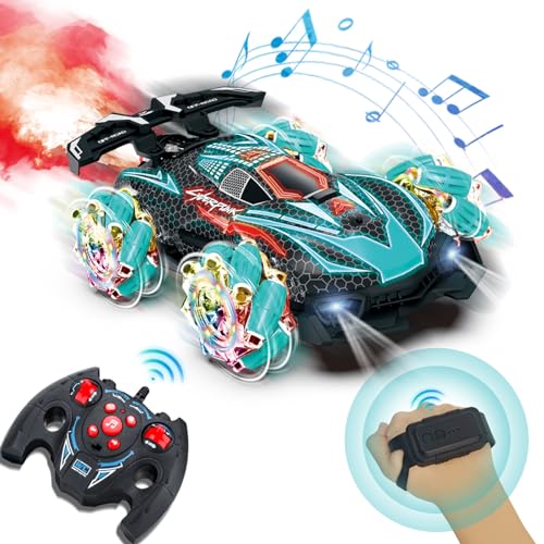 AOUGO RC Gesture Sensing Stunt Car, mit Spray, Licht & Musik, Jungen 6-12 Jahre alt 360° drehbare Fernsteuerung Transforming 2.4Ghz Manual Control Car Birthday Gift (Blue) von AOUGO