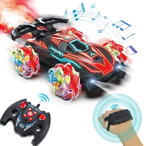 AOUGO RC Gesture Sensing Stunt Car, mit Spray, Licht & Musik, Jungen 6-12 Jahre alt 360° drehbare Fernsteuerung Transforming 2.4Ghz Manual Control Car Birthday Gift (Red) von AOUGO