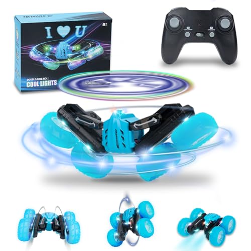 AOUGO Schnelles RC Stunt Car - Ferngesteuertes Auto Doppelseitig fahrend, 360° drehbare LED-Licht Untertitelanzeige mit Radbeleuchtung, Indoor/Outdoor All-Terrain Off-Road Spielzeugfahrzeug (Blau) von AOUGO