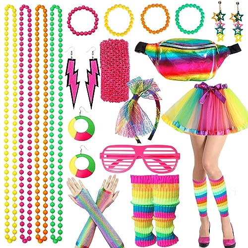 80er Jahre Bekleidungsset für Damen，23 Pcs Bekleidungszubehör 80er Jahre，Neonfarbenes 80er Jahre Kostüm mit Gürteltasche，Stirnband，Halskette，Armband，Ohrringen und Rock，Neon Partykostüme für Mädchen von AOUVT