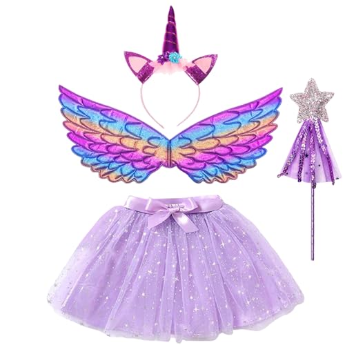 AOUVT 4 Pcs Regenbogen Einhorn Kostüm Kinder, Prinzessinnenkleid für Kinder, Einhorn Cosplay Set, Das Einhorn Party Kleid ist für Mädchen im Alter von 3 4 5 6 7 8 Jahren Geeignet von AOUVT