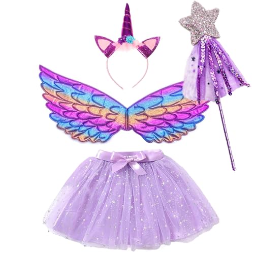 AOUVT 4 Pcs Regenbogen Einhorn Kostüm Kinder, Prinzessinnenkleid für Kinder, Einhorn Cosplay Set, Das Einhorn Party Kleid ist für Mädchen im Alter von 3 4 5 6 7 8 Jahren Geeignet von AOUVT