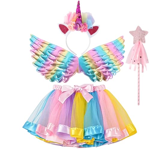 AOUVT 4 Pcs Regenbogen Einhorn Kostüm Kinder, Prinzessinnenkleid für Kinder, Einhorn Cosplay Set, Das Einhorn Party Kleid ist für Mädchen im Alter von 3 4 5 6 7 8 Jahren Geeignet (Rose) von AOUVT