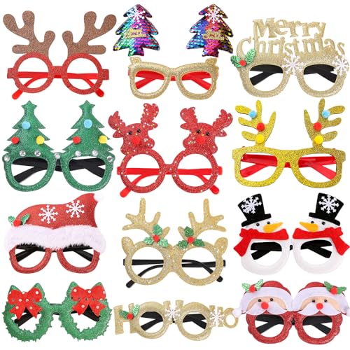 AOUVT Weihnachtsbrille, 12 Pcs Gläser für die Weihnachtsfeier, Weihnachtsfoto Requisiten, Kreative Weihnachtsdekorationen, Geeignet für Kinder, Jugendliche, Erwachsene und ältere Menschen von AOUVT