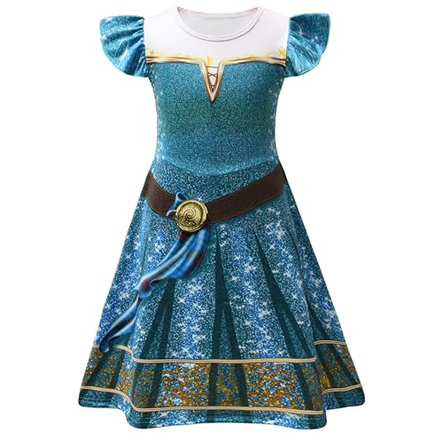 AOVCLKID Merida Prinzessinnen-Kostüm für Mädchen, Halloween-Party, Prinzessinnen-Kostüm (7–8 Jahre, blau) von AOVCLKID