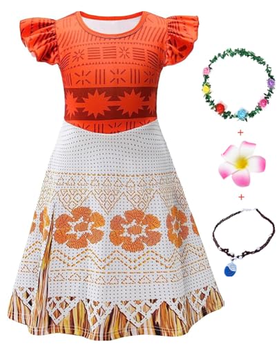 AOVCLKID Moana-Kostüm für Mädchen, Rollenspiel mit Halskette, Girlande, Kinder, Halloween-Partykleid (6 Jahre, Rot 1) von AOVCLKID