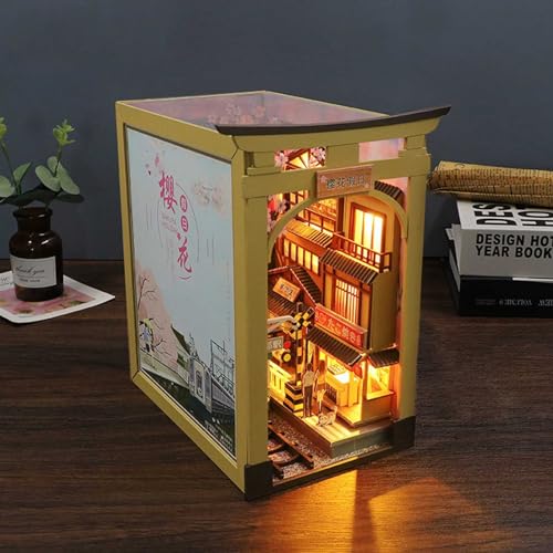 AOXCHEN Book Nook Bücherregal Einsatz Dekor, Stereoskopischer 3D-Puzzle-Buchständer aus Holz, Japanisches Kirschblüten-Kabinenmodell mit LED-Licht, DIY-Geburtstagsgeschenk von AOXCHEN