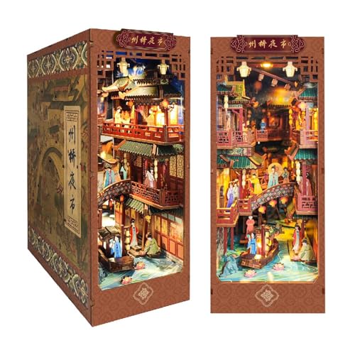 AOXCHEN DIY Book Nook Kit, 3D-Puzzle-Buchstützen aus Holz, Bücherregal-Einsatzdekor mit LED-Induktionslichtern, Ornamente der Chinesischen Kultur von AOXCHEN