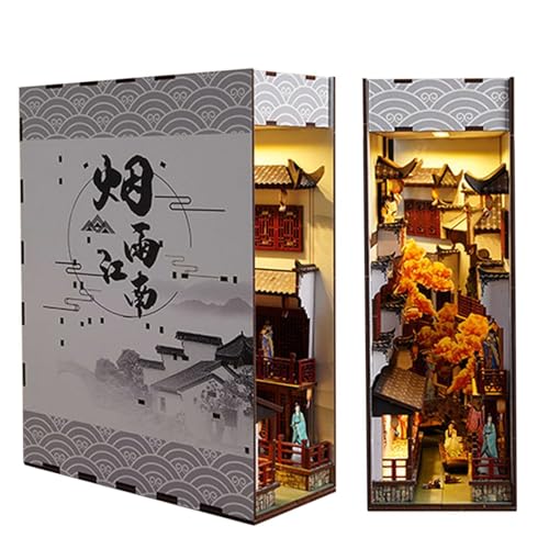 Book Nook Kit, Miniatur-Puzzle-Buchstütze „Historische Gasse“ aus China, DIY-Dekoration für Bücherregal-Einsatz aus Holz mit Sensorlicht von AOXCHEN