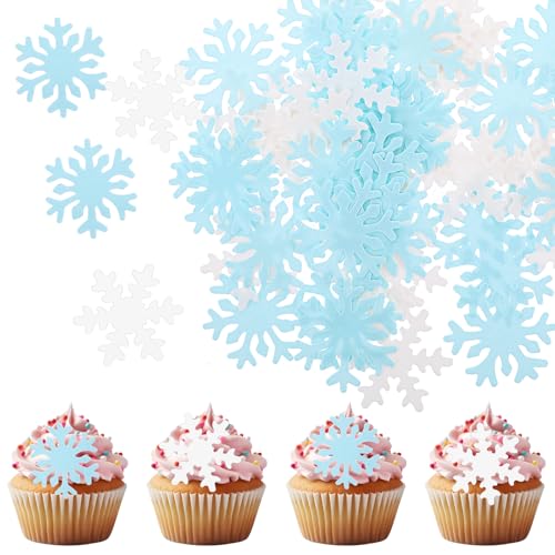 AOZUO 50 Stück Essbare Cupcake-Topper Mit Schneeflocken, Elsa Tortendeko Elsa Kuchen Deko Weißes Und Blaues Reispapier Kuchendekoration Für Weihnachten Winter Feiertage Party FrozenThema Hochzeit von AOZUO