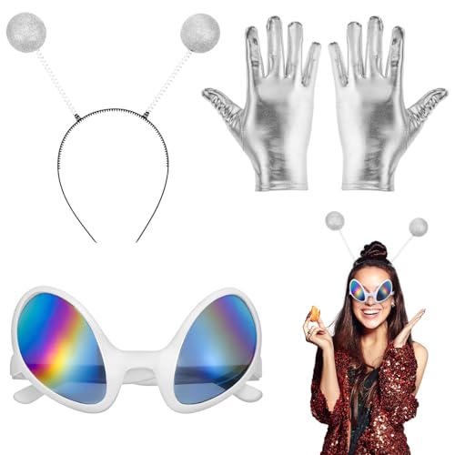 AOZUO Alien Haarreif in Silber Set für Damen&Kinder, Karneval Alien Kostüm Alien Glasses Alien Handschuhe, 2025 Alien Weltall Karneval Costume Außerirdische Weltraum Kostüm Ufo Kostüm von AOZUO