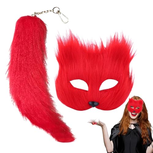 2pcs/Set Fox Maske und Schwanz, Faux Fox Hair Halloween Maske Flauschige halbe Gesicht Therian Maske mit Fuchsschwanzschlüsselkette für Maskerade Cosplay Fox Mask Red Masquerade Dress Up Supplies von AOpghY